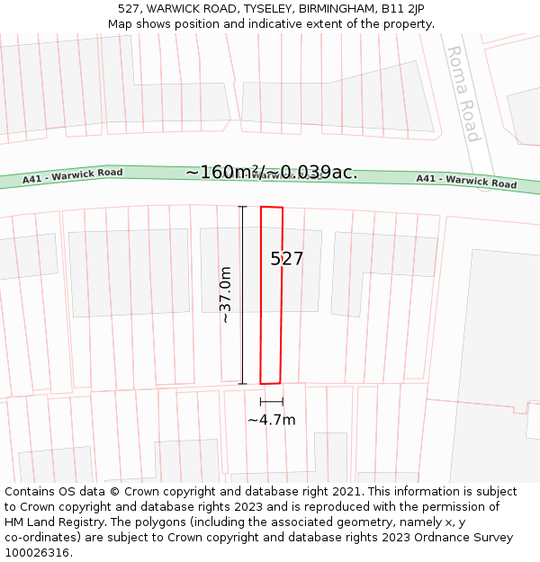 527, WARWICK ROAD, TYSELEY, BIRMINGHAM, B11 2JP: Plot and title map
