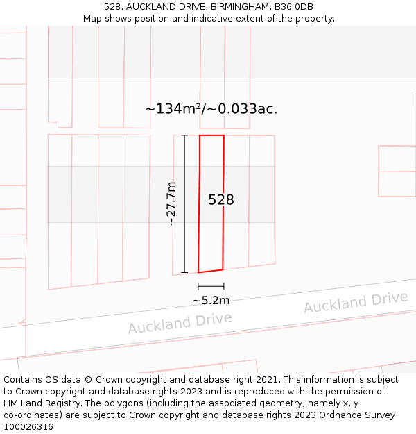 528, AUCKLAND DRIVE, BIRMINGHAM, B36 0DB: Plot and title map