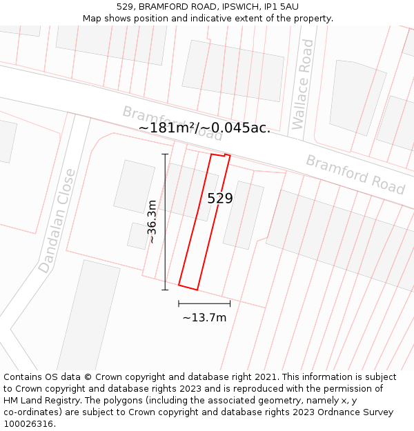 529, BRAMFORD ROAD, IPSWICH, IP1 5AU: Plot and title map