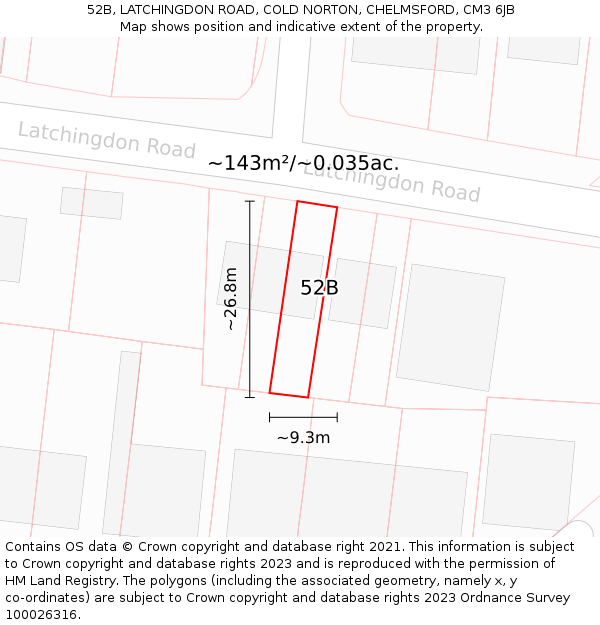 52B, LATCHINGDON ROAD, COLD NORTON, CHELMSFORD, CM3 6JB: Plot and title map