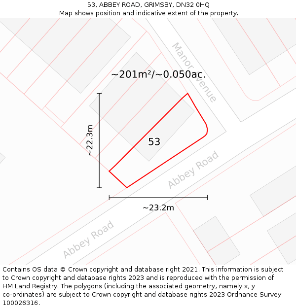53, ABBEY ROAD, GRIMSBY, DN32 0HQ: Plot and title map
