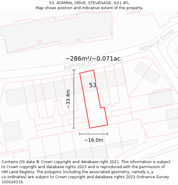 53, ADMIRAL DRIVE, STEVENAGE, SG1 4FL: Plot and title map