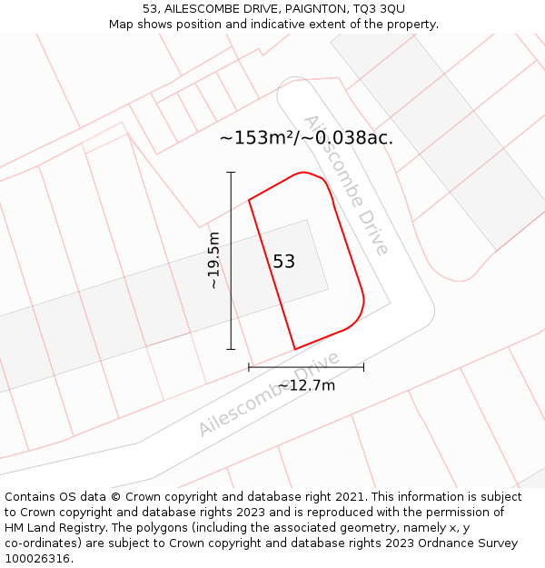 53, AILESCOMBE DRIVE, PAIGNTON, TQ3 3QU: Plot and title map