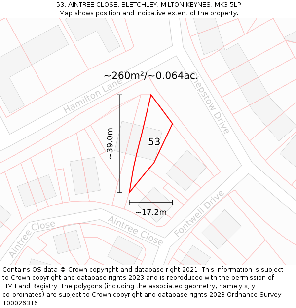 53, AINTREE CLOSE, BLETCHLEY, MILTON KEYNES, MK3 5LP: Plot and title map