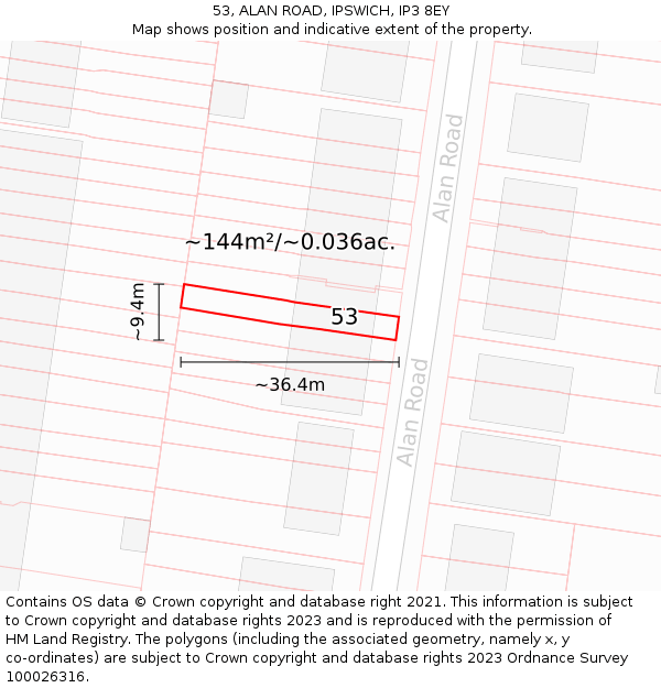 53, ALAN ROAD, IPSWICH, IP3 8EY: Plot and title map
