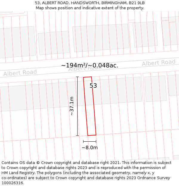 53, ALBERT ROAD, HANDSWORTH, BIRMINGHAM, B21 9LB: Plot and title map