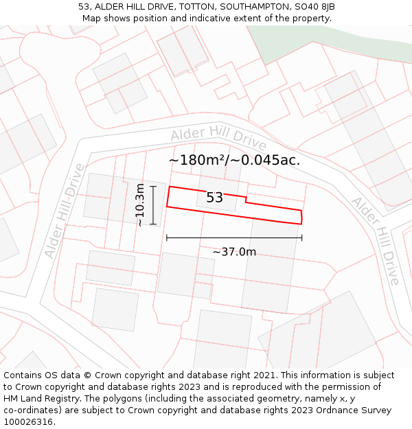 53, ALDER HILL DRIVE, TOTTON, SOUTHAMPTON, SO40 8JB: Plot and title map