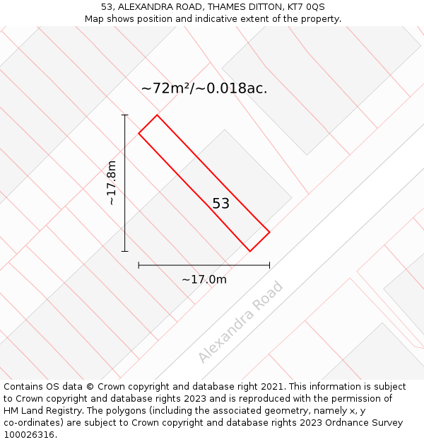 53, ALEXANDRA ROAD, THAMES DITTON, KT7 0QS: Plot and title map