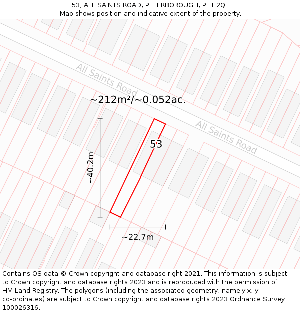 53, ALL SAINTS ROAD, PETERBOROUGH, PE1 2QT: Plot and title map