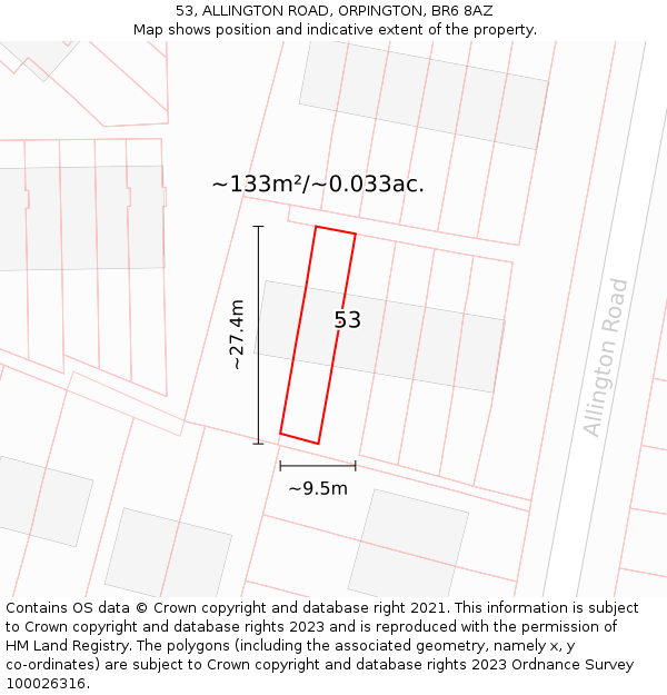 53, ALLINGTON ROAD, ORPINGTON, BR6 8AZ: Plot and title map