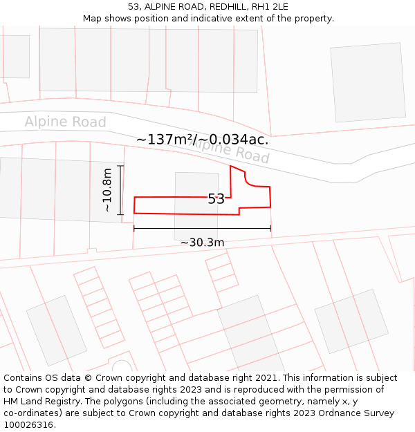 53, ALPINE ROAD, REDHILL, RH1 2LE: Plot and title map