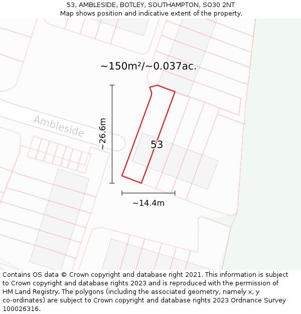 53, AMBLESIDE, BOTLEY, SOUTHAMPTON, SO30 2NT: Plot and title map