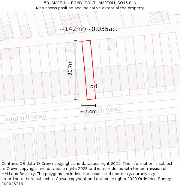 53, AMPTHILL ROAD, SOUTHAMPTON, SO15 8LN: Plot and title map
