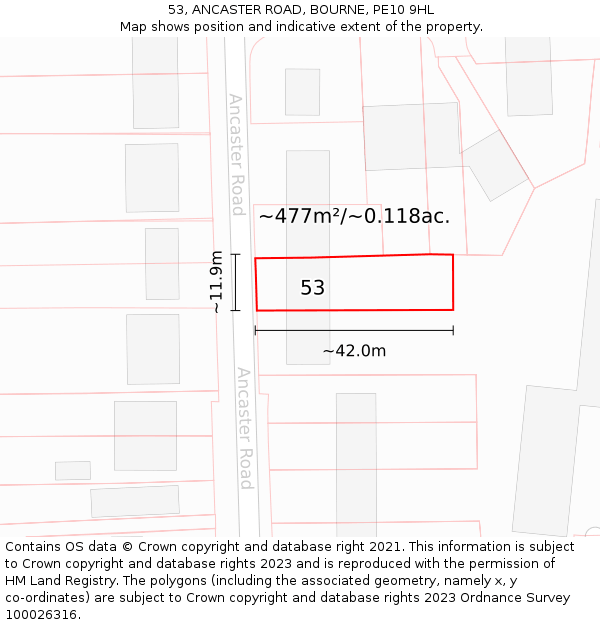 53, ANCASTER ROAD, BOURNE, PE10 9HL: Plot and title map