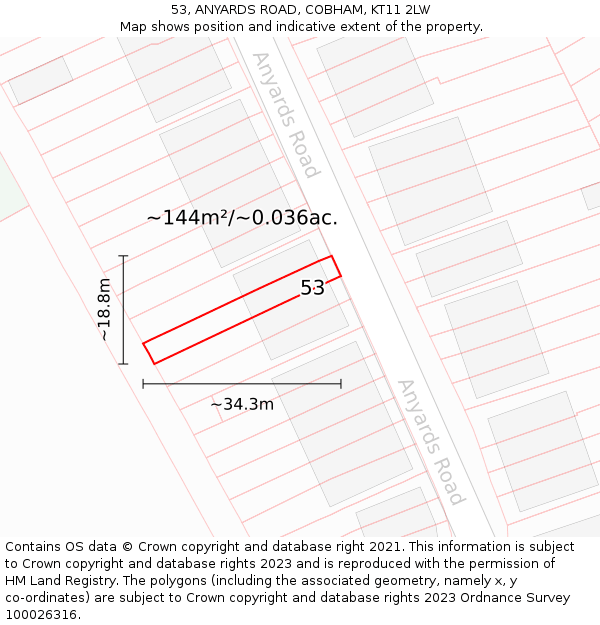 53, ANYARDS ROAD, COBHAM, KT11 2LW: Plot and title map