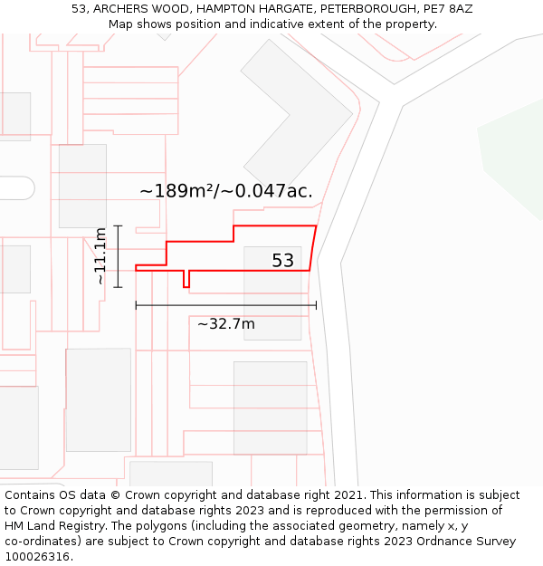 53, ARCHERS WOOD, HAMPTON HARGATE, PETERBOROUGH, PE7 8AZ: Plot and title map