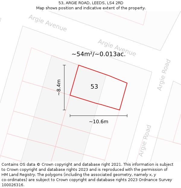53, ARGIE ROAD, LEEDS, LS4 2RD: Plot and title map