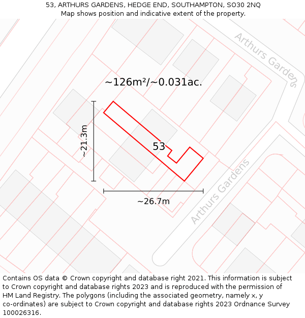 53, ARTHURS GARDENS, HEDGE END, SOUTHAMPTON, SO30 2NQ: Plot and title map