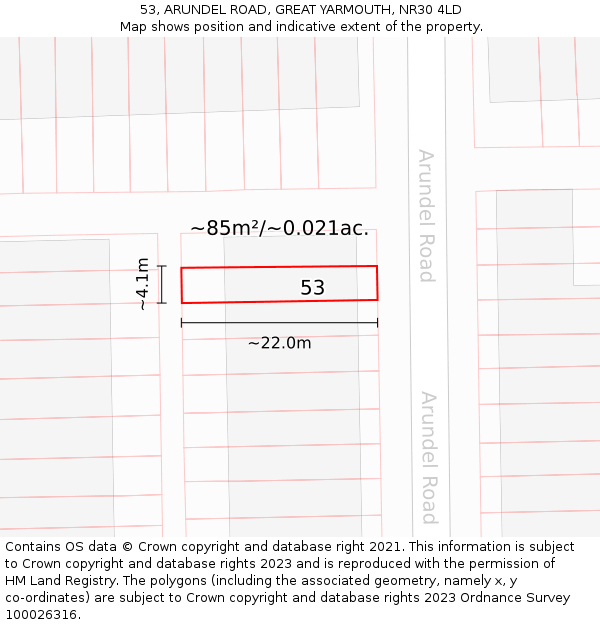 53, ARUNDEL ROAD, GREAT YARMOUTH, NR30 4LD: Plot and title map