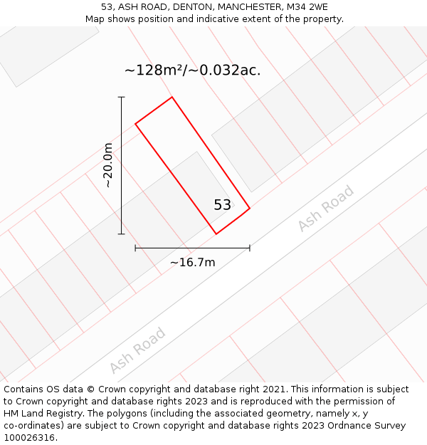 53, ASH ROAD, DENTON, MANCHESTER, M34 2WE: Plot and title map