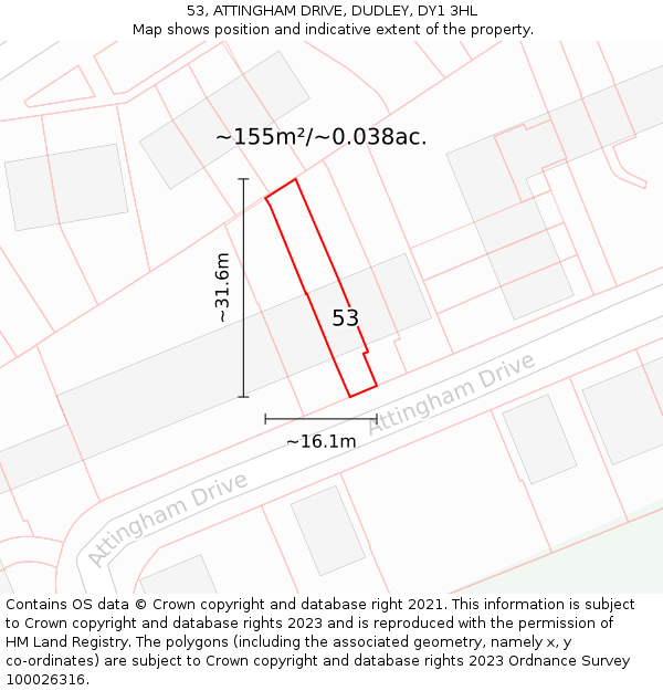 53, ATTINGHAM DRIVE, DUDLEY, DY1 3HL: Plot and title map