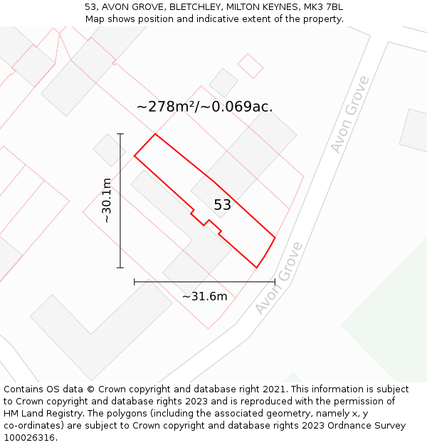 53, AVON GROVE, BLETCHLEY, MILTON KEYNES, MK3 7BL: Plot and title map