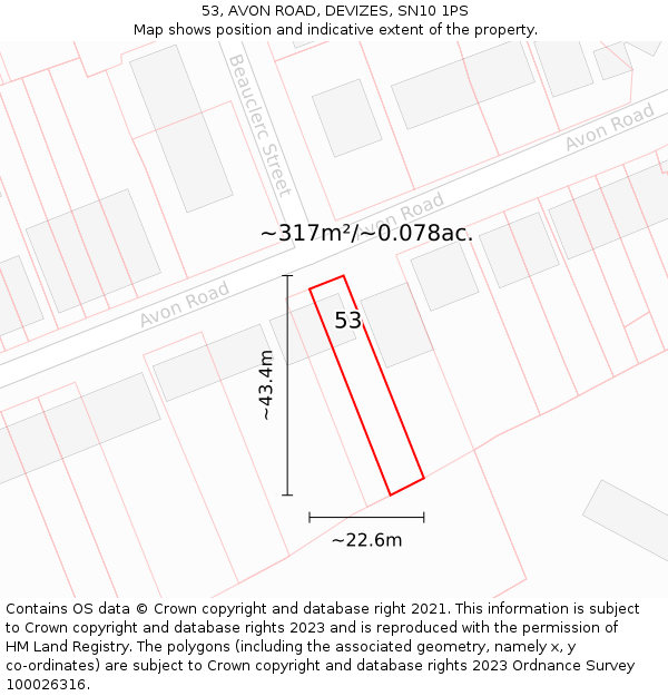 53, AVON ROAD, DEVIZES, SN10 1PS: Plot and title map