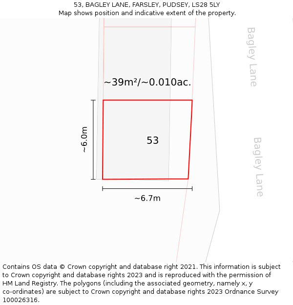 53, BAGLEY LANE, FARSLEY, PUDSEY, LS28 5LY: Plot and title map