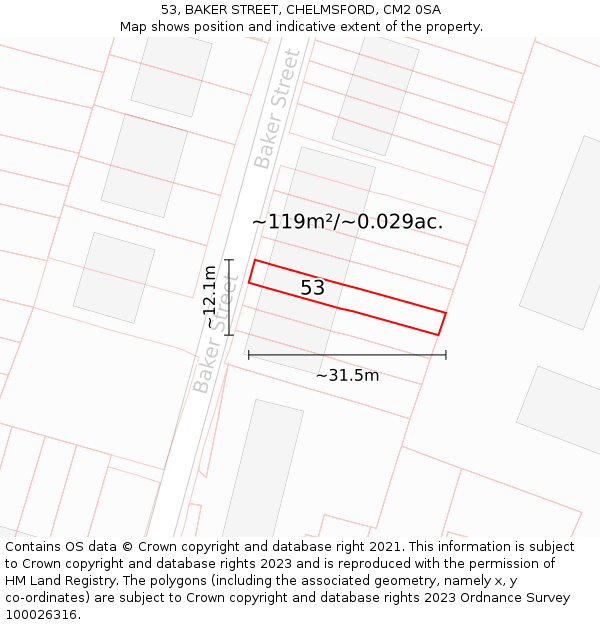 53, BAKER STREET, CHELMSFORD, CM2 0SA: Plot and title map