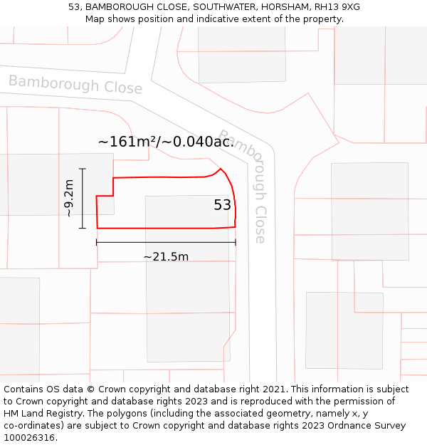 53, BAMBOROUGH CLOSE, SOUTHWATER, HORSHAM, RH13 9XG: Plot and title map