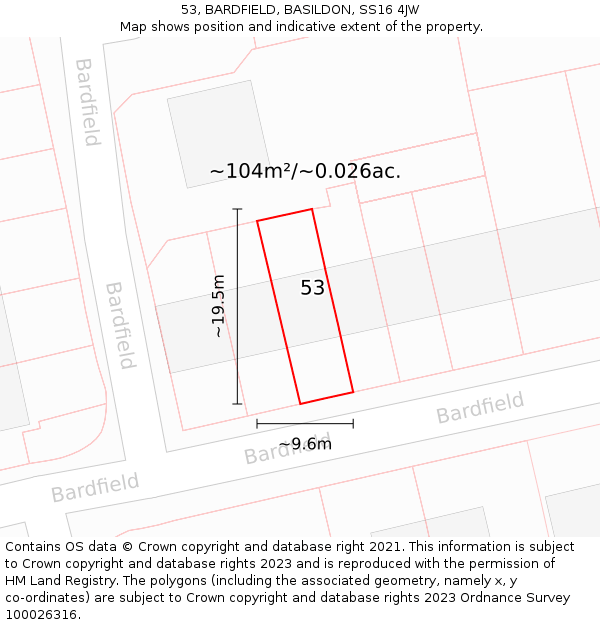 53, BARDFIELD, BASILDON, SS16 4JW: Plot and title map