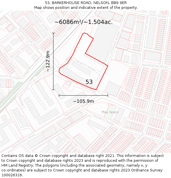 53, BARKERHOUSE ROAD, NELSON, BB9 9ER: Plot and title map