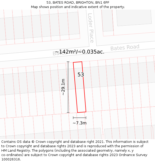 53, BATES ROAD, BRIGHTON, BN1 6PF: Plot and title map