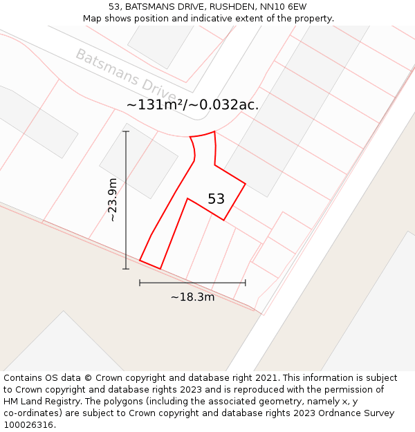53, BATSMANS DRIVE, RUSHDEN, NN10 6EW: Plot and title map