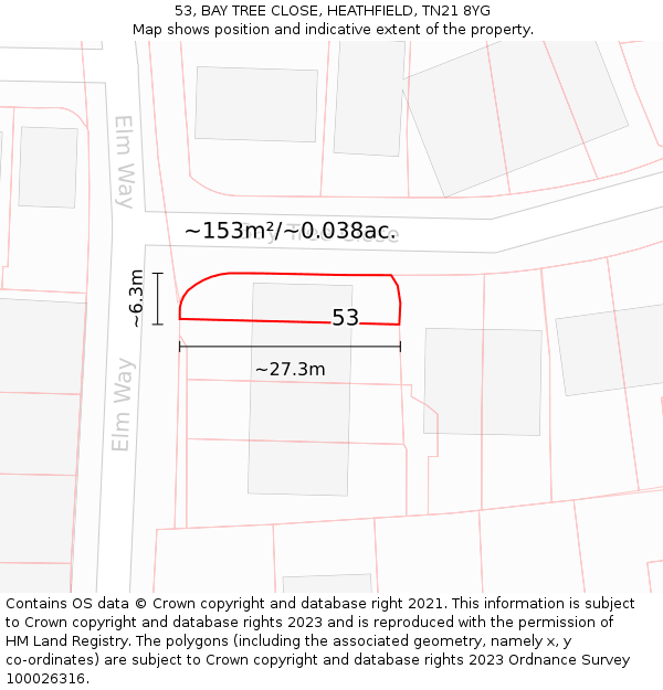 53, BAY TREE CLOSE, HEATHFIELD, TN21 8YG: Plot and title map