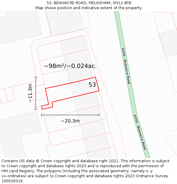 53, BEANACRE ROAD, MELKSHAM, SN12 8FB: Plot and title map