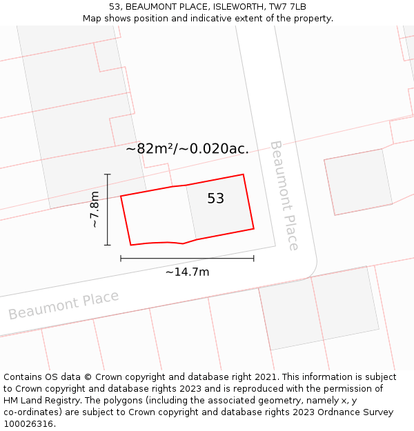 53, BEAUMONT PLACE, ISLEWORTH, TW7 7LB: Plot and title map
