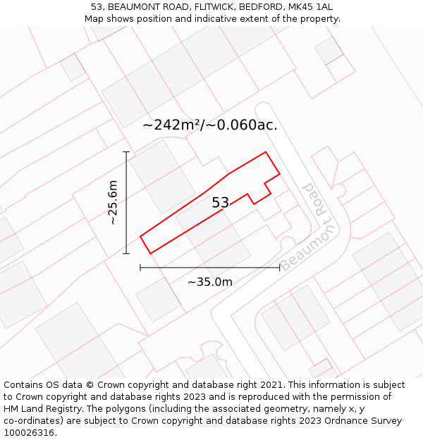 53, BEAUMONT ROAD, FLITWICK, BEDFORD, MK45 1AL: Plot and title map