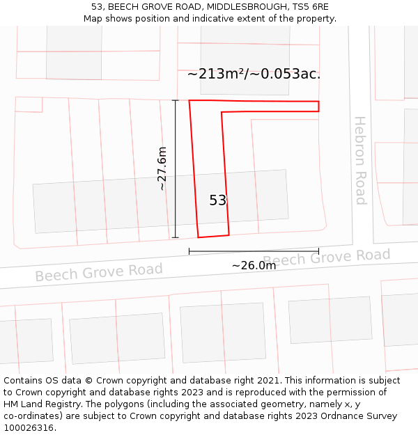 53, BEECH GROVE ROAD, MIDDLESBROUGH, TS5 6RE: Plot and title map