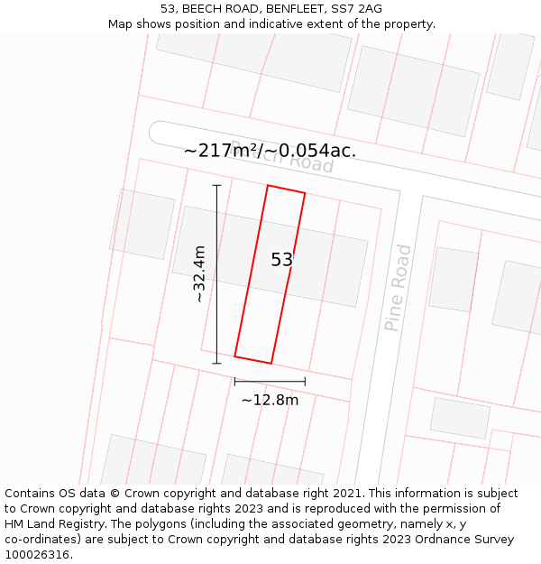 53, BEECH ROAD, BENFLEET, SS7 2AG: Plot and title map