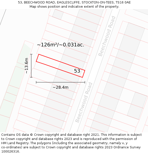 53, BEECHWOOD ROAD, EAGLESCLIFFE, STOCKTON-ON-TEES, TS16 0AE: Plot and title map