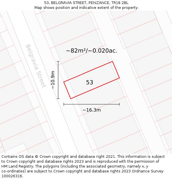 53, BELGRAVIA STREET, PENZANCE, TR18 2BL: Plot and title map