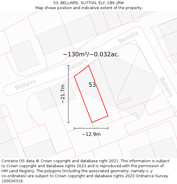 53, BELLAIRS, SUTTON, ELY, CB6 2RW: Plot and title map
