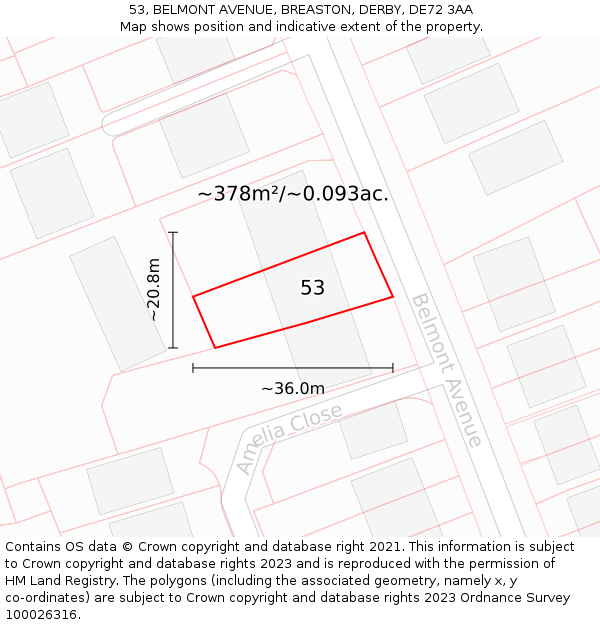 53, BELMONT AVENUE, BREASTON, DERBY, DE72 3AA: Plot and title map