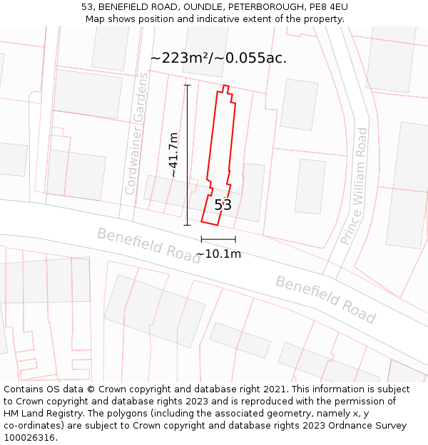 53, BENEFIELD ROAD, OUNDLE, PETERBOROUGH, PE8 4EU: Plot and title map
