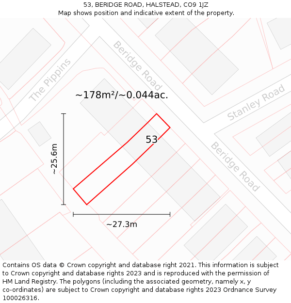 53, BERIDGE ROAD, HALSTEAD, CO9 1JZ: Plot and title map