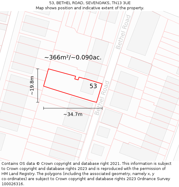 53, BETHEL ROAD, SEVENOAKS, TN13 3UE: Plot and title map