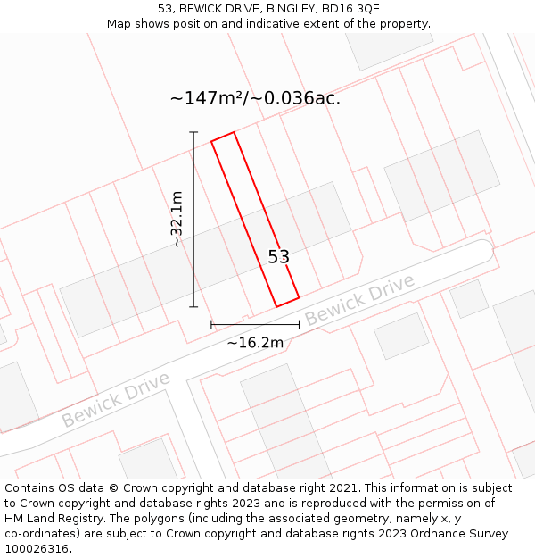 53, BEWICK DRIVE, BINGLEY, BD16 3QE: Plot and title map