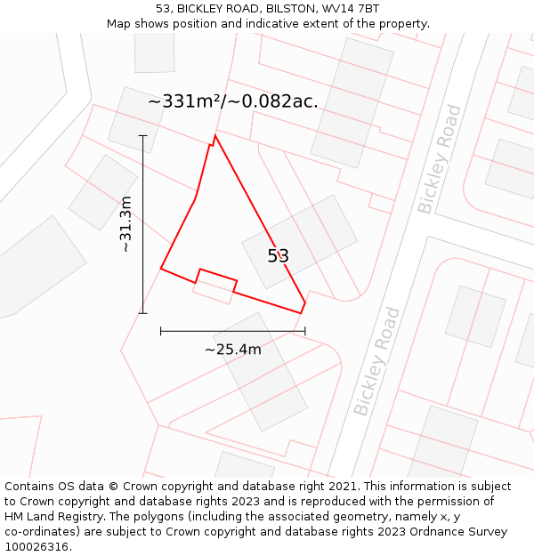 53, BICKLEY ROAD, BILSTON, WV14 7BT: Plot and title map