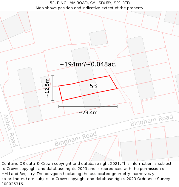 53, BINGHAM ROAD, SALISBURY, SP1 3EB: Plot and title map